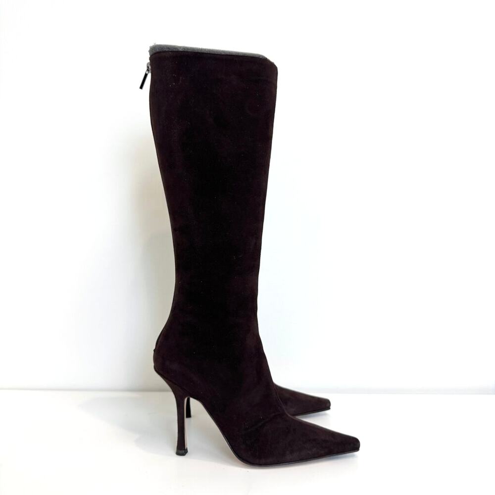 JIMMY CHOO Suede Coffee Knee High Stiletto Heel Boots 36.5 Brown Bootie Zip Shoe